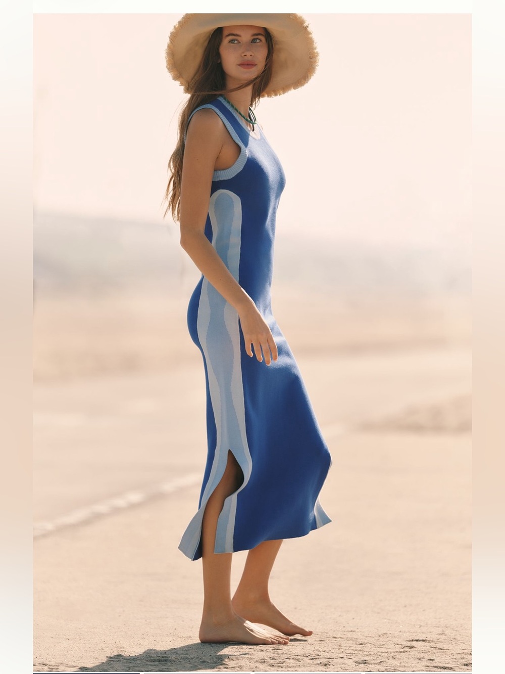 Sleeveless Blue Knit Midi Dress with Light Blue Panels